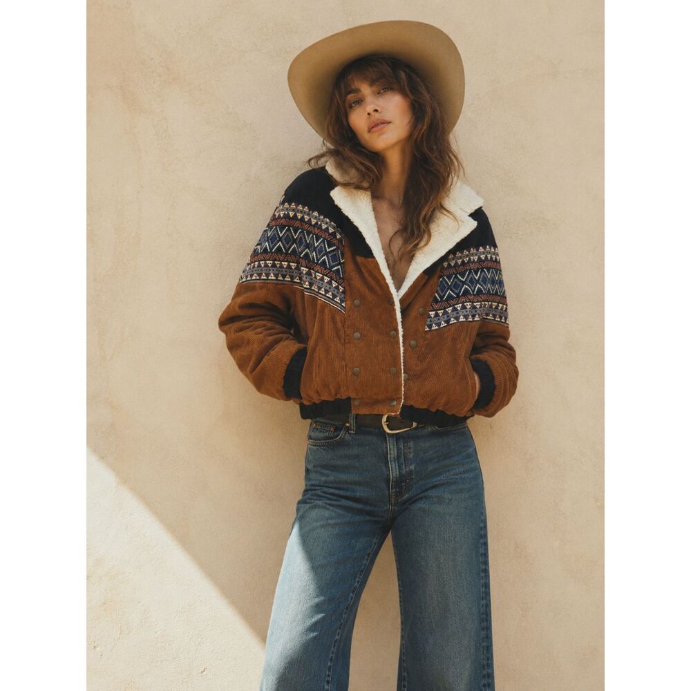 Sherpa Corduroy Jacket Brown Aztec Southwestern Boho Western Cropped Coat Size 6